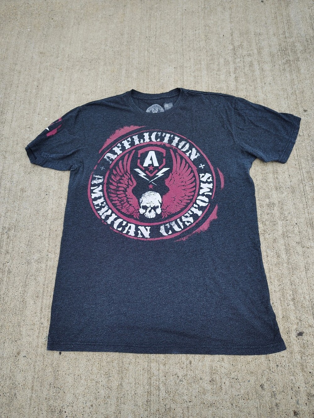 Affliction T-Shirt Mens 2XL Charcoal American Customs Skull Graphic Biker Tee